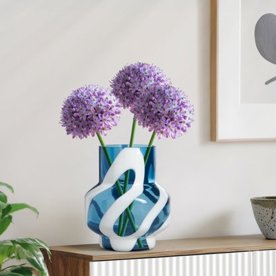 Vase: White Swirl Pattern, Translucent Blue Glass, Sculptural Silhouette
