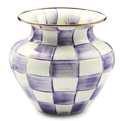 Vase, Wide Amphora Silhouette, Violet Check Pattern French Country