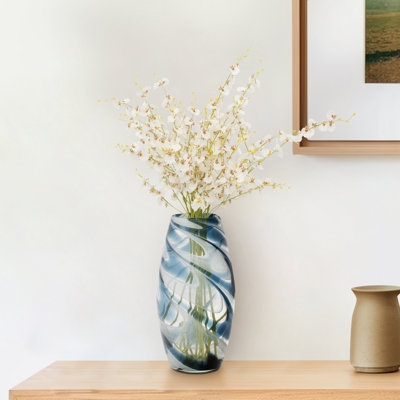 Vase with Blue Swirl Pattern, Tapered Oval Shape Glass