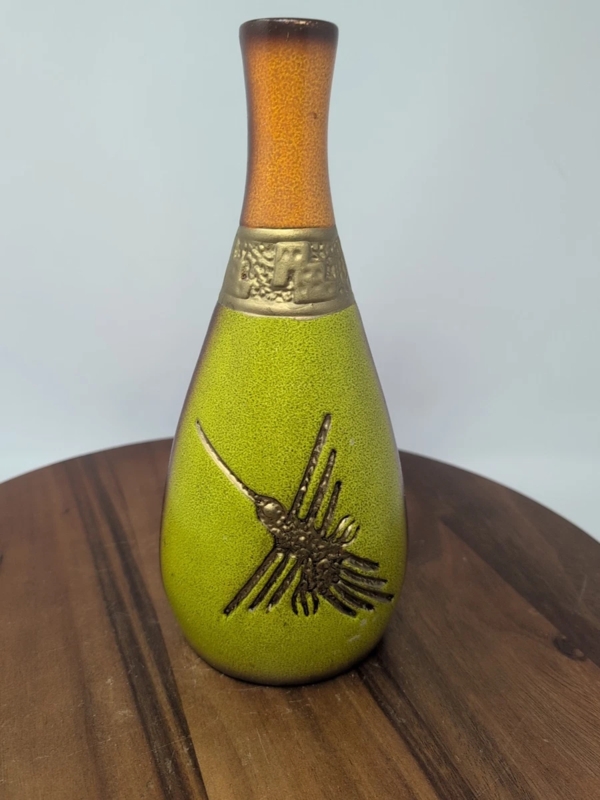 Vase with Hummingbird Relief, Lime Green Pitted Glaze, Two-Tone Retro.