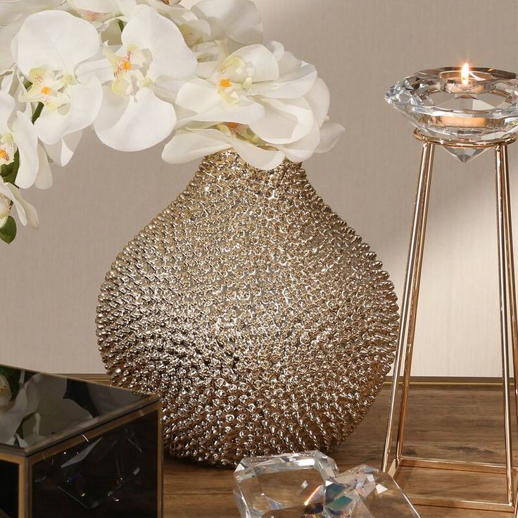 Vase with Studded Texture and Faceted Crystal Accents, Glam Gold Decor