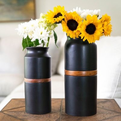 Vase Wood Band Detail Matte Black, Cylindrical Urn Silhouette