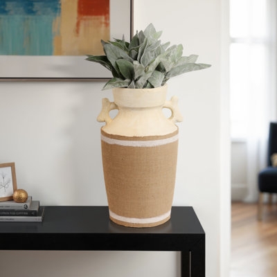 Vase Woven Jute Wrap Sculpted Side Handles Amphora Pottery