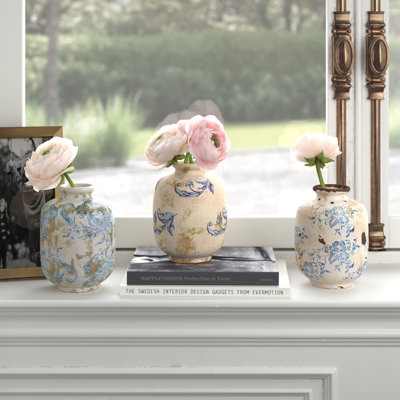 Vases Distressed Blue and White Floral Terra Cotta French Country Trio