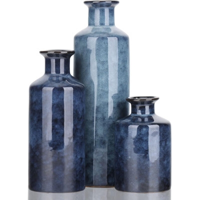 Vases Mottled Blue Glaze Ceramic Staggered Trio Artisanal Coastal Style
