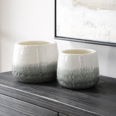 Vases Set Ceramic Modern Farmhouse Crackle Top Dripping Ombre Sage
