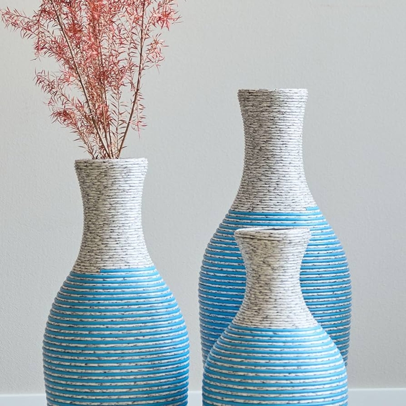 Vases Set of 3 Woven Texture Aqua Blue Striped Coastal Boho Decor