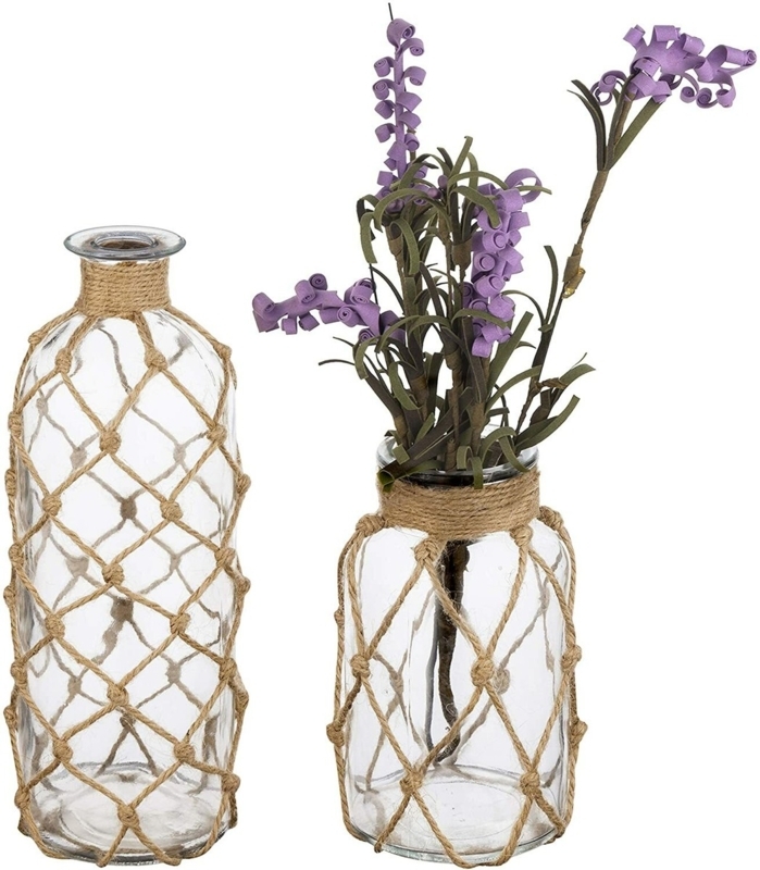 Vases Set of Two Clear Glass Diamond Mesh Rope Wrapping Coastal