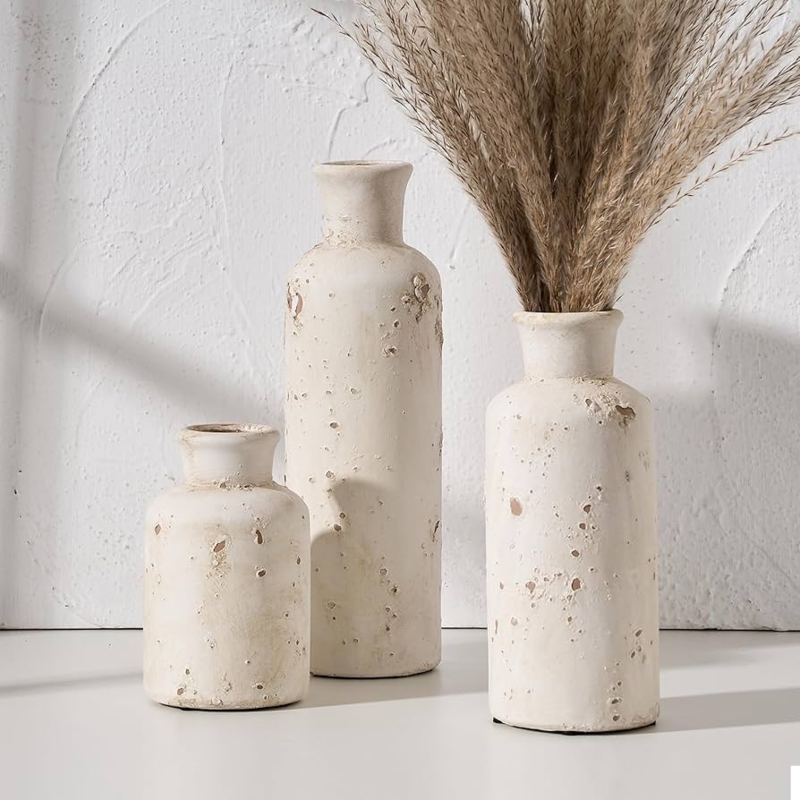 Vases Set Pitted Surface Whitewashed Clay Rustic Farmhouse