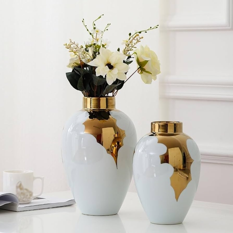 Vases White And Gold Ceramic Vase Set Glossy Asymmetrical Design Glam