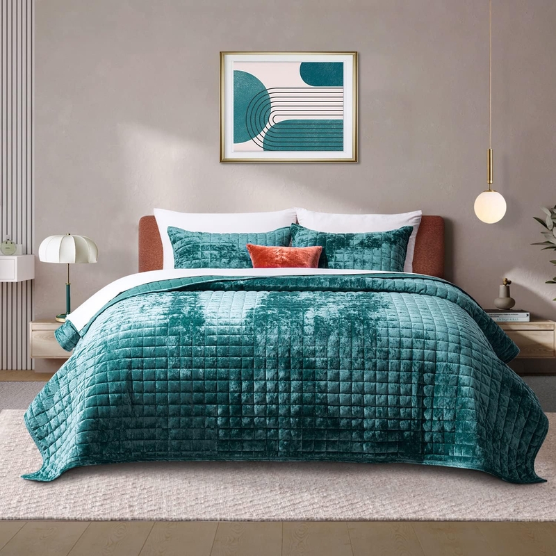 Velvet Quilt Set, Square Grid Stitching, Lustrous Finish, Teal