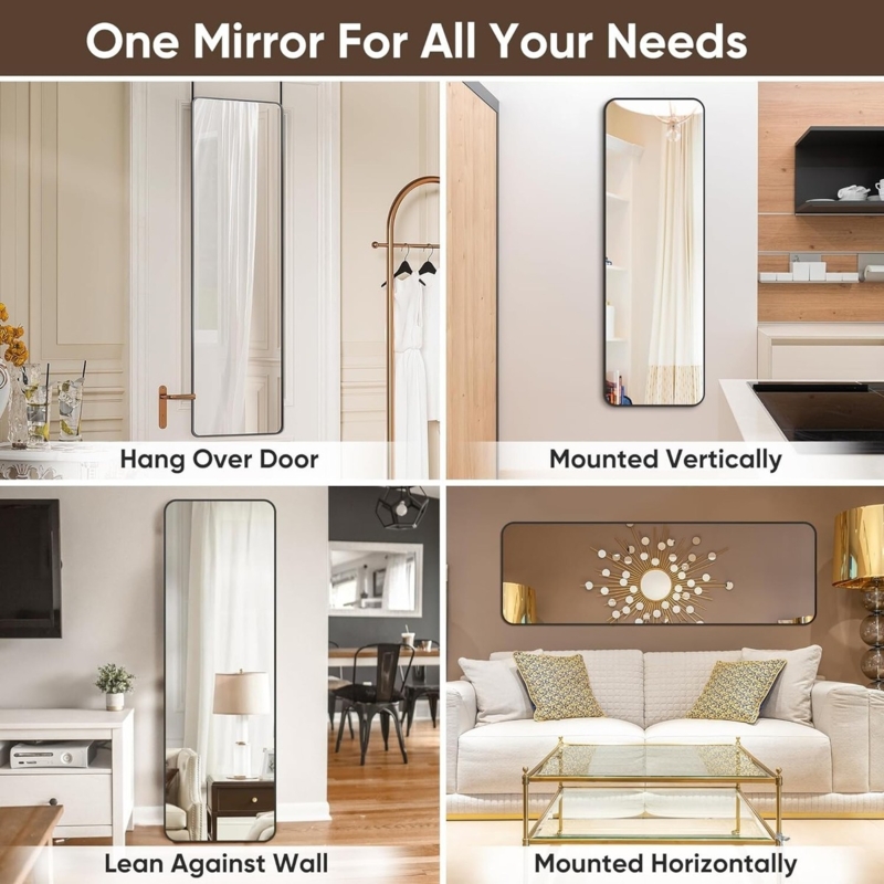 Versatile Full Length Mirror Black Rounded Corners Horizontal Mount