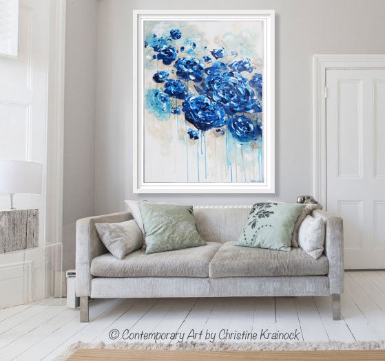 Vertical Canvas Art Large Blue Floral Wall Art Paint Drips