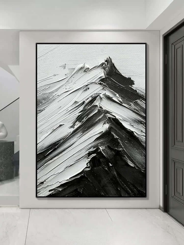 Vertical Wall Art: Textured Mountain Painting with Sculptural Paint