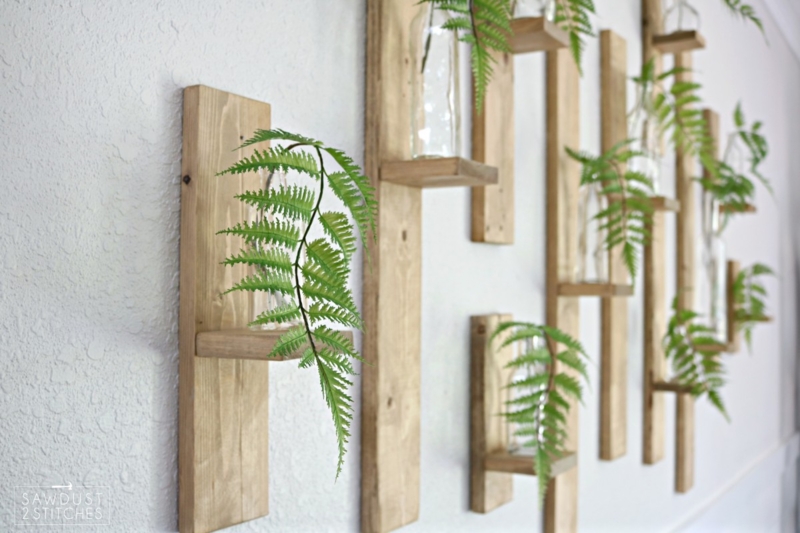 Vertical Wood Plank Wall Decor with Botanical Fern Vases
