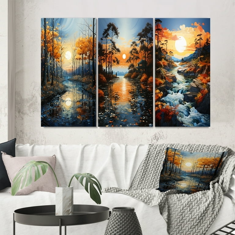 Vibrant Triptych Wall Art Decor, Azure Blue River and Golden Yellow Prints