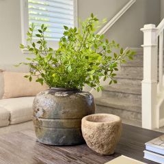 Vintage Bean Pot Vase: Weathered Ceramic for Rustic Farmhouse Decor.