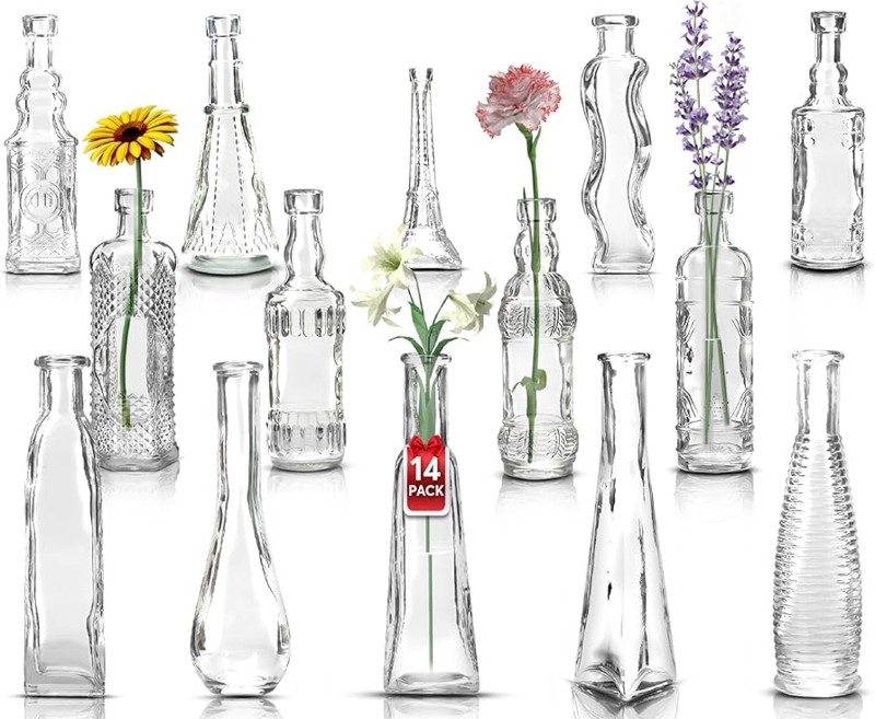 Vintage Bud Vase Set Assorted Glass Bottles Embossed Patterns Apothecary