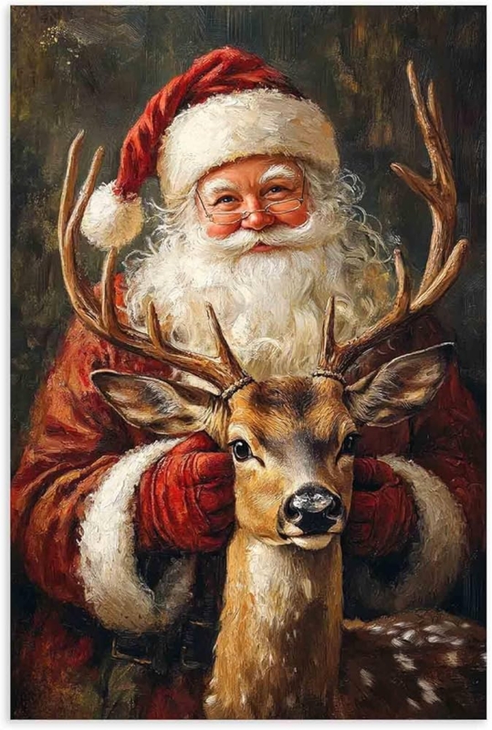 Vintage Canvas Wall Art: Oil Paint Texture Santa Claus Portrait Print