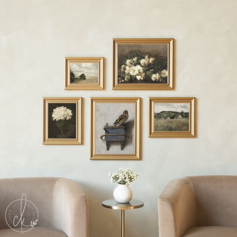 Vintage Floral Gallery Wall Set in Elegant Dark Gold Frames