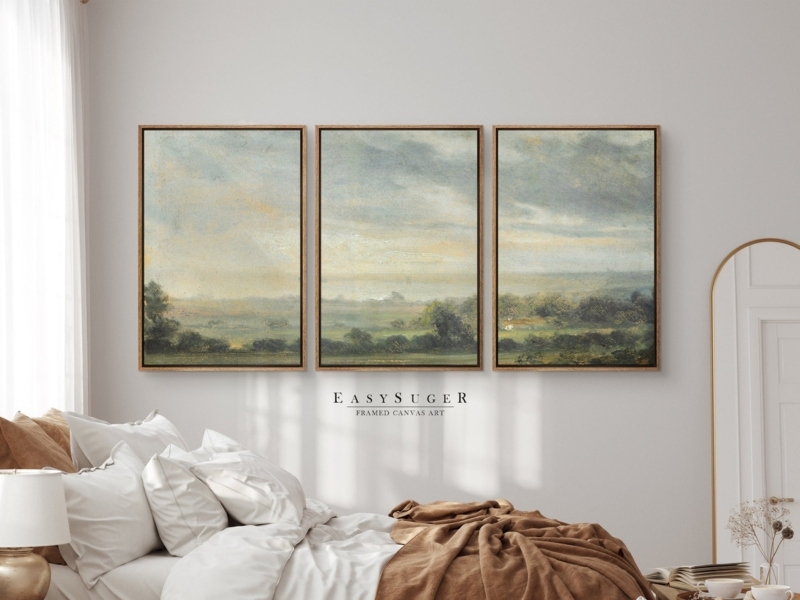 Vintage Landscape Triptych Wall Art, Wood Framed Bedroom Decor Set