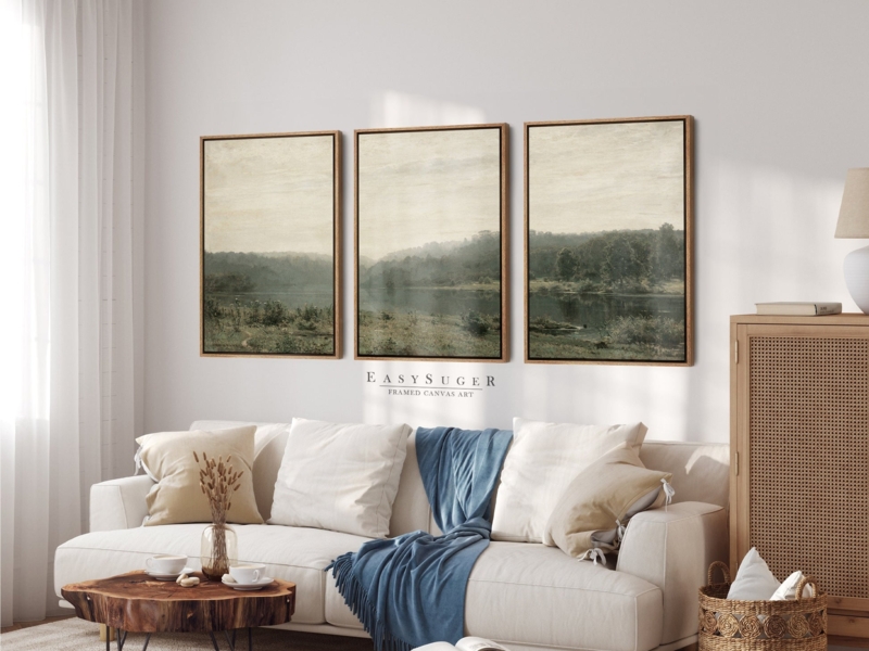 Vintage Landscape Wall Art Set, Natural Wood Framed Triptych