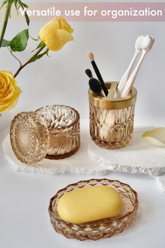 Vintage Style Bathroom Accessory Set, Amber Glass Quilted Diamond