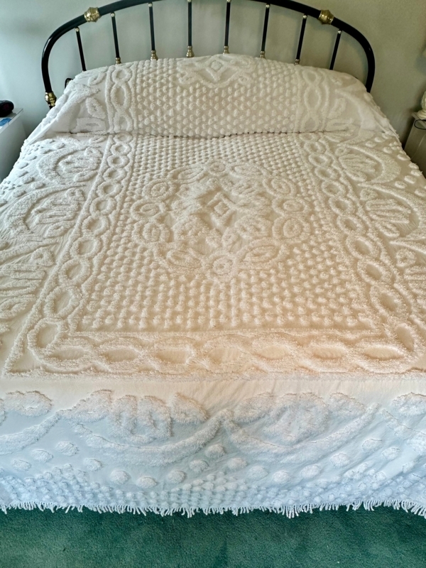 Vintage White Chenille Bedspread, Plush Geometric Diamond Pattern
