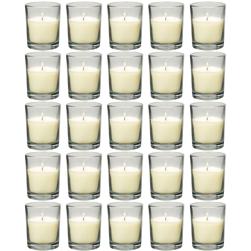 Votive Candle 25 Pack, Clear Glass Holders, Warm Ambient Lit Flame