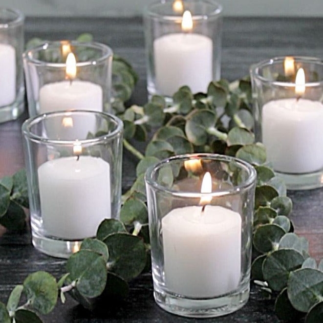 Votive Candles Clear Glass Holders Eucalyptus Accents Rustic Chic