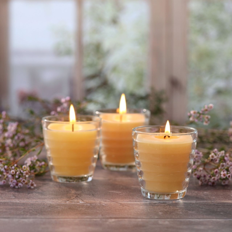 Votive Candles in Beehive Ribbed Glass, Rustic Tabletop Decor