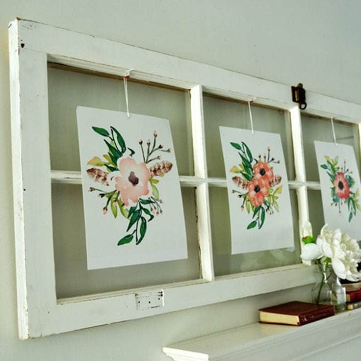 Wall Accent, Repurposed Window Frame with Floral Prints
