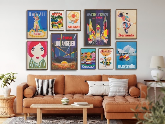 Wall Art: 10-Piece Retro Travel Poster Set for Asymmetrical Gallery Wall