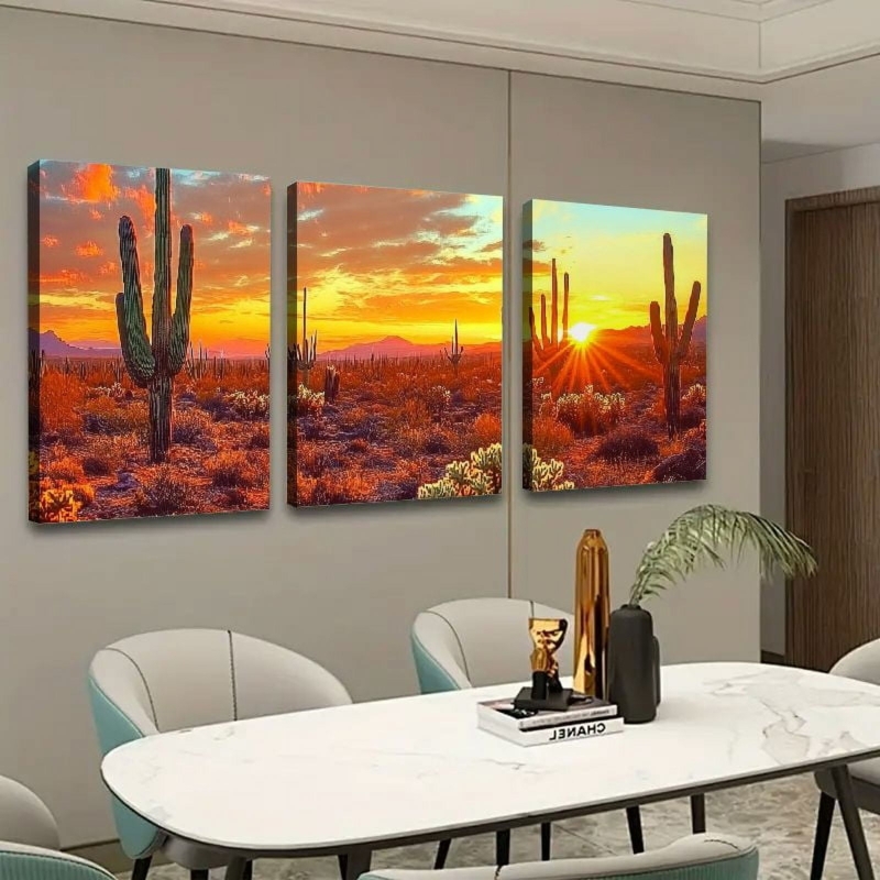 Wall Art 3-Piece Set Vibrant Orange Desert Sunset, Modern Southwestern