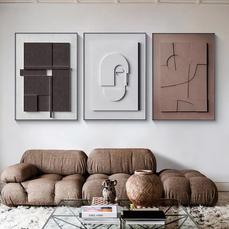 Wall Art 3D Abstract Triptych Japandi Style Neutral Relief Panels