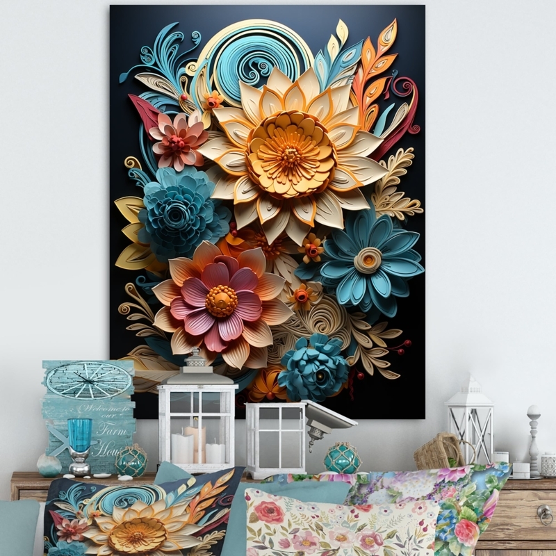 Wall Art: 3D Effect Floral Motif with Layered Blooms