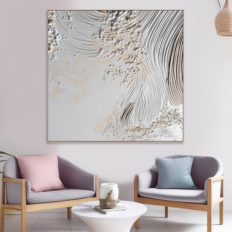 Wall Art: 3D Impasto Texture, Gold Floating Frame, Square, 3D Textured White Art