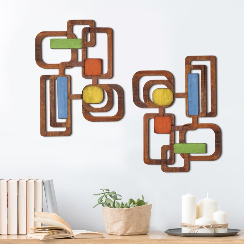 Wall Art 3D Interlocking Rectangular Frames, Vibrant Geometric Accents