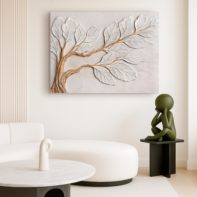 Wall Art 3D Relief Clay Like Material Ivory Leaf Motif Organic Modern