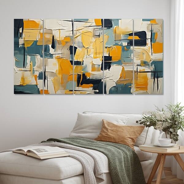 Wall Art: 5-Panel Abstract Geometric Set in Ochre & Teal