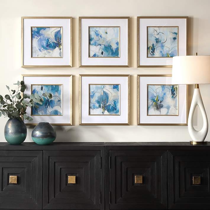 Wall Art Abstract Blue Set Grid Gallery Styling Gold Framed