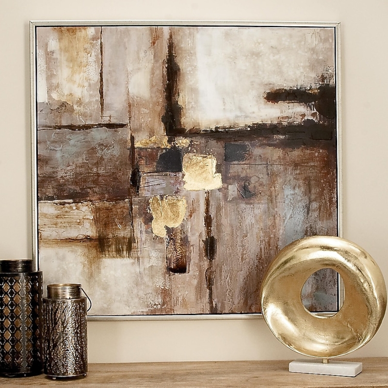 Wall Art Abstract Brown Canvas Gold Leaf Accents Textured
