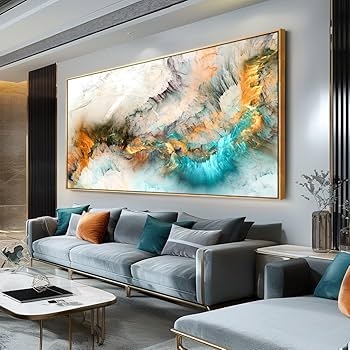 Wall Art Abstract Canvas Gold Toned Frame Teal Orange