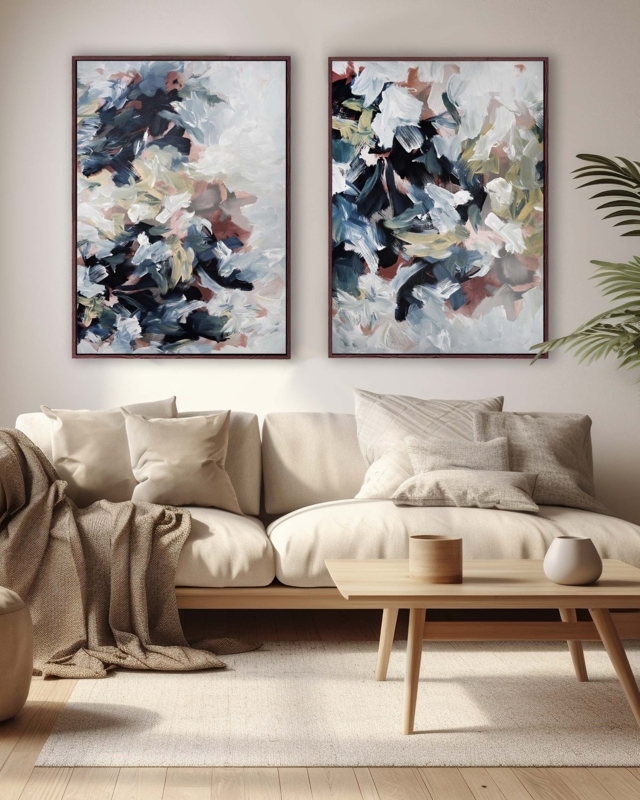 Wall Art: Abstract Canvas Set with Navy Blue and Blush Pink Accents (71)