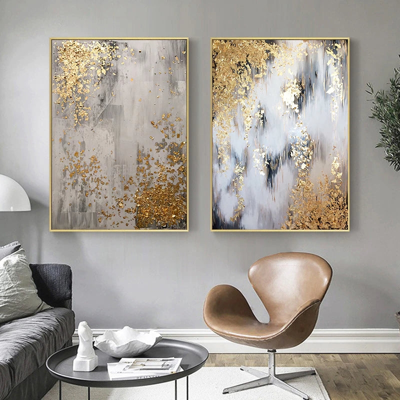 Wall Art Abstract Diptych Gold Foil Accents, Gold Abstract Wall Art Set