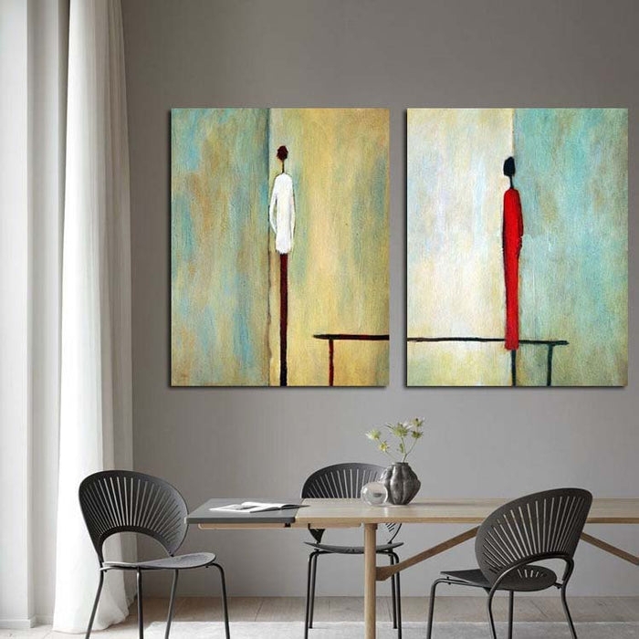 Wall Art: Abstract Elongated Figures Diptych with Vibrant Red Accent (72)