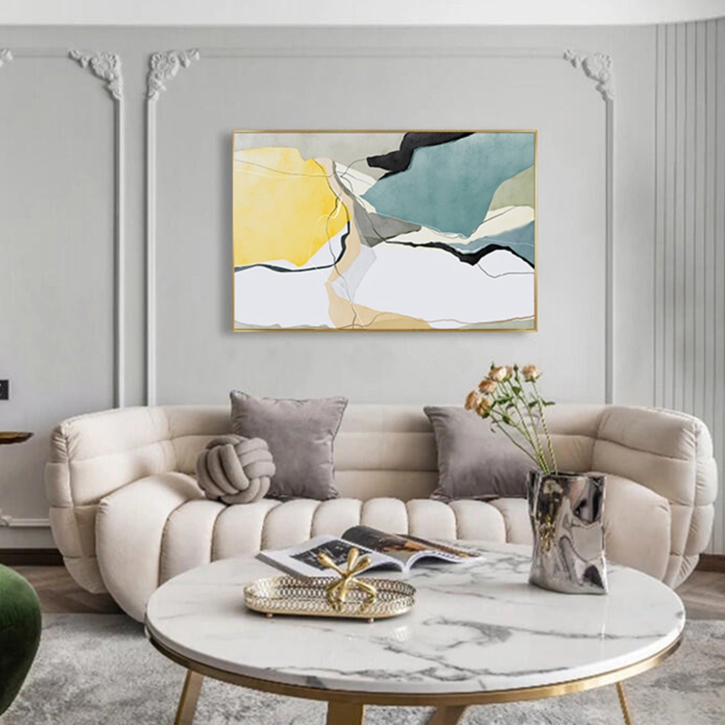 Wall Art Abstract Framed Color Block Teal Yellow Gold Frame