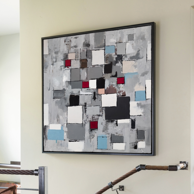 Wall Art Abstract Geometric Canvas Square Black Frame Grey Red
