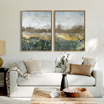 Wall Art: Abstract Landscape Diptych, Gold Toned, Organic Modern Set