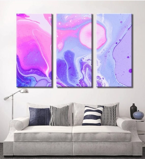 Wall Art Abstract Marble Print Purple Pink Fluid Design Triptych